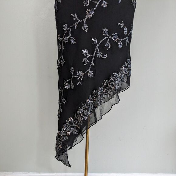 Vtg Cache Prom Dress Maxi Gown Black 12 Y2K Fairy Goth Silk Silver Floral Bead - Picture 9 of 14